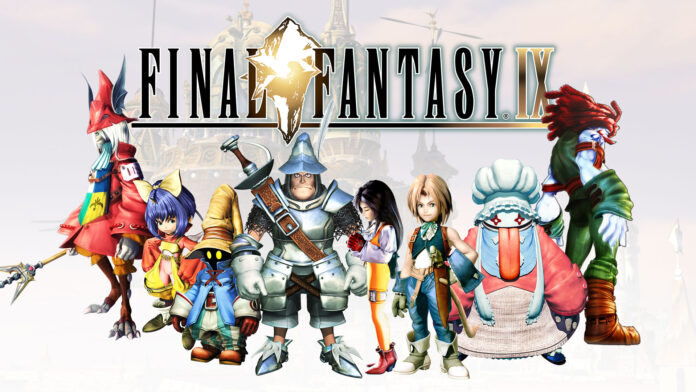 ตัวละครหลักจากเกม Final Fantasy IX ยืนเรียงกันพร้อมโลโก้เกมด้านบน