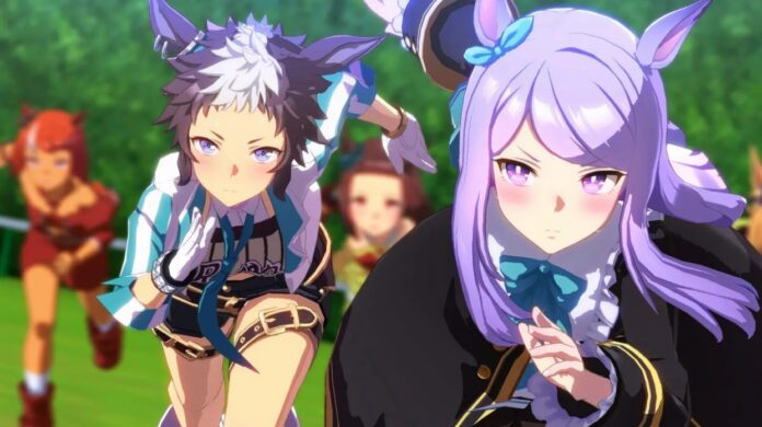 ตัวละครสาวจากเกม Umamusume: Pretty Derby กำลังแข่งขันวิ่งในสนามแข่ง