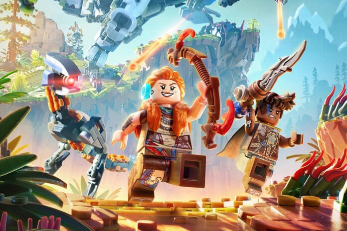 ตัวต่อเลโก้จากเกม Horizon แสดงฉากต่อสู้ระหว่าง Aloy กับหุ่นยนต์ในโลกแฟนตาซี