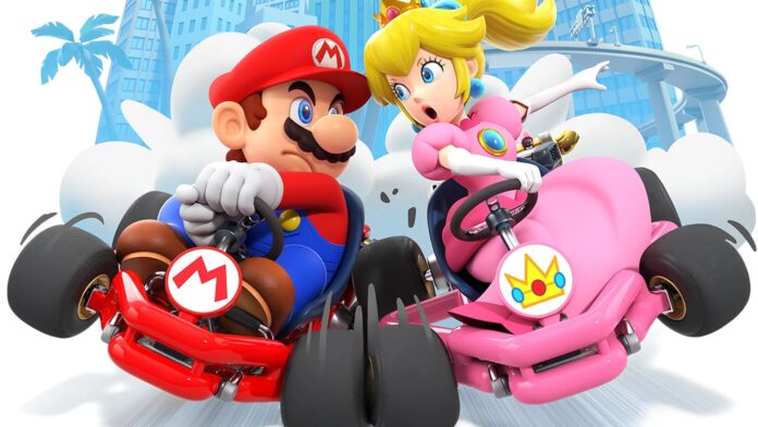 Mario และ Princess Peach กำลังแข่งขันรถโกคาร์ตอย่างดุเดือดในเกม Mario Kart Tour