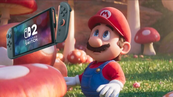 Mario จากภาพยนตร์ The Super Mario Bros. Movie มองดูเครื่อง Nintendo Switch 2 ในป่าเห็ด