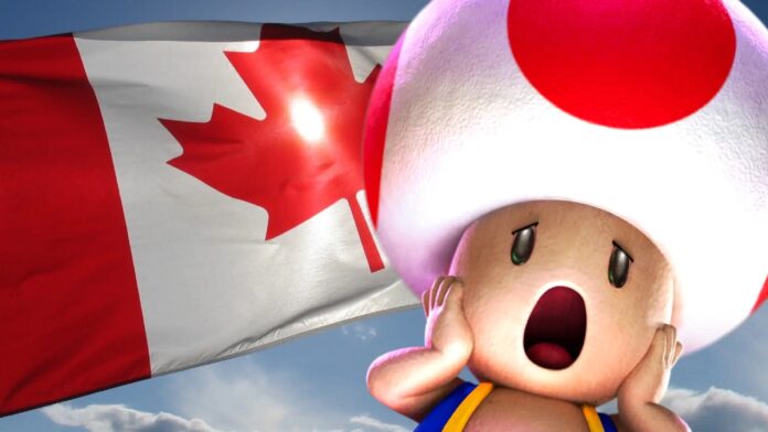 ตัวละคร Toad จากเกม Mario ทำหน้าตกใจยืนอยู่หน้าธงชาติแคนาดาที่กำลังโบกสะบัดกลางท้องฟ้า