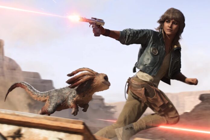 ตัวละคร Kay Vess จาก Star Wars Outlaws กำลังถือปืนยิงขณะวิ่งพร้อม Nix สัตว์คู่หูในฉากทะเลทราย