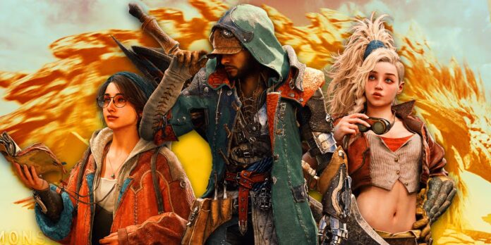 ตัวละครนักล่าจาก Monster Hunter ยืนร่วมกับหญิงสาวสองคนในชุดนักวิจัยและช่างเทคนิค