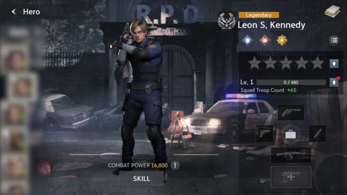 ตัวละคร Leon S. Kennedy จาก Resident Evil ปรากฏในเกมมือถือในฐานะฮีโร่ระดับ Legendary พร้อมฉากหลังเป็นสถานีตำรวจ R.P.D.