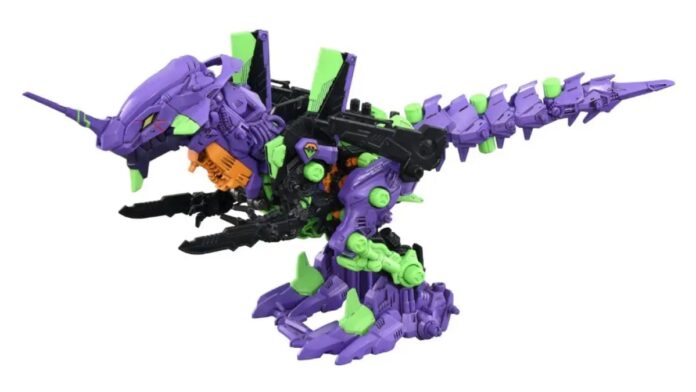 โมเดลหุ่นยนต์ ZOIDS Xeno Rex สีม่วง เขียว และดำ ที่ได้แรงบันดาลใจจาก Evangelion Unit-01
