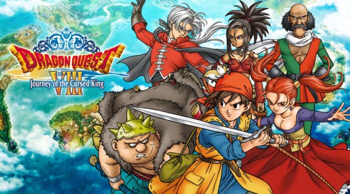 ภาพโปรโมต Dragon Quest VIII ตัวละครหลักยืนรวมกันบนพื้นหลังแผนที่แฟนตาซี