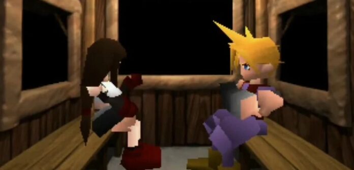 ตัวละคร Cloud และ Tifa จาก Final Fantasy VII กำลังนั่งคุยกันบนรถไฟในกราฟิกสไตล์ยุค PS1