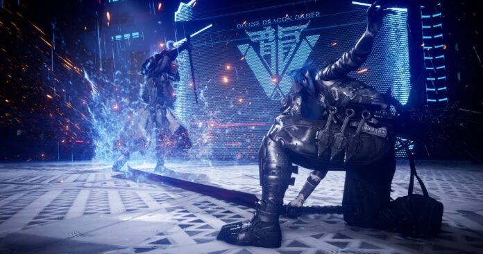ตัวละครในชุดเกราะสีดำกำลังต่อสู้กันด้วยดาบพลังงานในฉากไฟนีออน จากเกม Ninja Gaiden 4