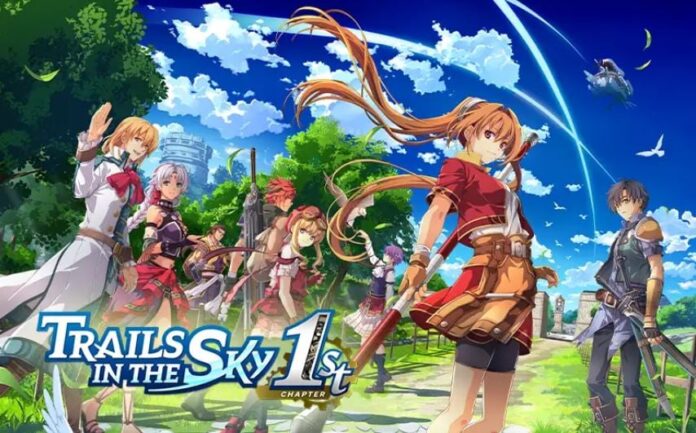 ภาพโปรโมตเกม Trails in the Sky 1st Chapter ตัวละครหลักยืนอยู่บนฉากทุ่งหญ้า