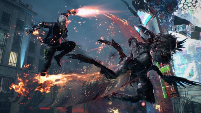 Nero จาก Devil May Cry 5 กำลังกระโดดฟันปีศาจด้วยดาบ Red Queen พร้อมใช้แขนกล Devil Breaker ปล่อยพลัง