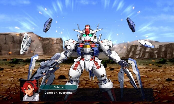 ภาพ Suletta Mercury ขับหุ่นยนต์ Gundam Aerial จากเกม Super Robot Wars Y พร้อมเอฟเฟกต์เกราะ Bits ลอยรอบตัวกลางสมรภูมิ