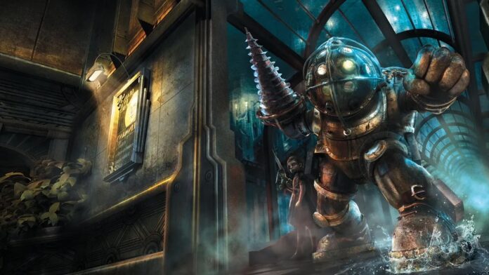 ภาพโปรโมตเกม BioShock 4 ตัวละครสวมใส่ชุดดำน้ำ ยืนอยู่ในเมืองใต้น้ำ