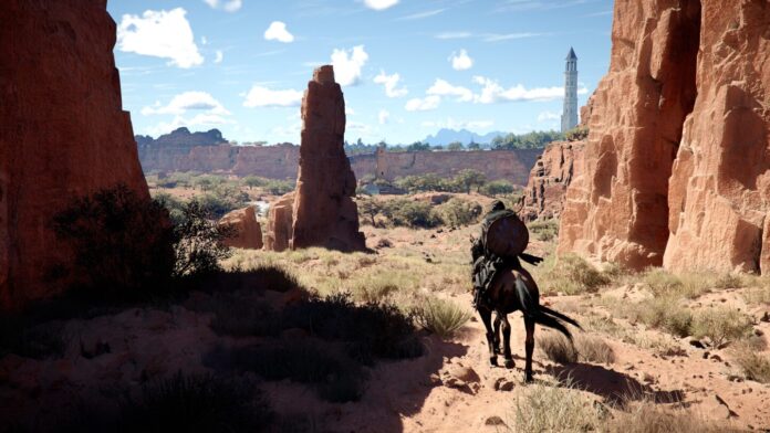 ภาพในเกม Crimson Desert ตัวละครขี่ม้าท่ามกลางทะเลทราย