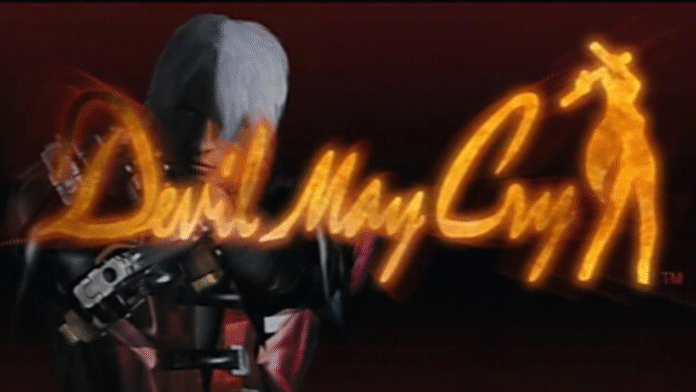 ภาพฉากเปิดของเกม Devil May Cry ภาคแรก ตัวละคร Dante ชายหนุ่มผมสีขาวในชุดหนังแดง มือถือปืนคู่ “Ebony & Ivory”