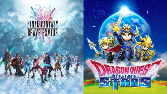 ภาพจากเกม Final Fantasy Brave Exvius และ Dragon Quest of the Stars ตัวละครทำท่าพร้อมต่อสู้ มีฉากหลังเป็นโลกแฟนตาซี