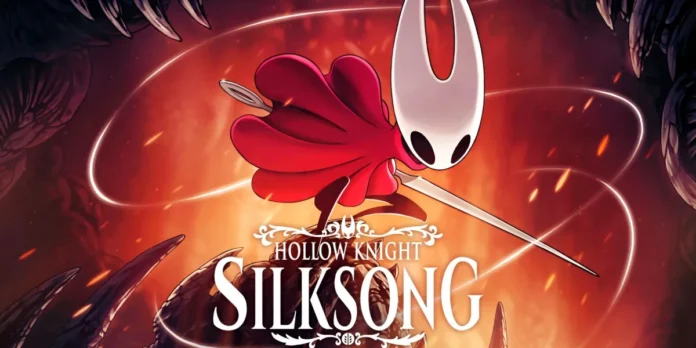 ภาพโปรโมตเกม Hollow Knight: Silksong แสดงตัวละคร Hornet สวมผ้าคลุมแดงถือเข็มยาวในท่ากระโดดพุ่งไปข้างหน้า บนพื้นหลังสีแดงส้มที่ล้อมรอบด้วยบรรยากาศมืดมิด