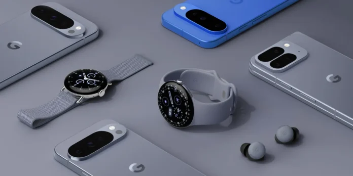 ภาพผลิตภัณฑ์กลุ่ม Pixel รุ่นใหม่ปี 2025 จาก Google จัดวางเรียงอยู่บนพื้นหลังสีเทาเข้ม แสดงดีไซน์ตัวเครื่องที่ทันสมัย