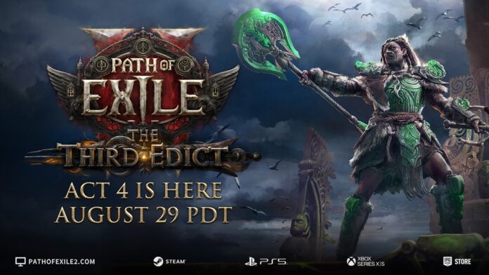 โปสเตอร์โปรโมตเกม Path of Exile 2: The Third Edict แสดงภาพตัวละครนักรบหญิงในชุดเกราะสีเขียวกำลังชูขวานขนาดใหญ่กลางฉากท้องฟ้ามืดครึ้ม