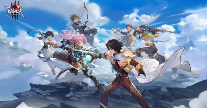 ภาพประกอบจาก Ragnarok Online 3 แสดงตัวละครอาชีพต่าง ๆ ต่อสู้ท่ามกลางท้องฟ้าในสไตล์แฟนตาซี