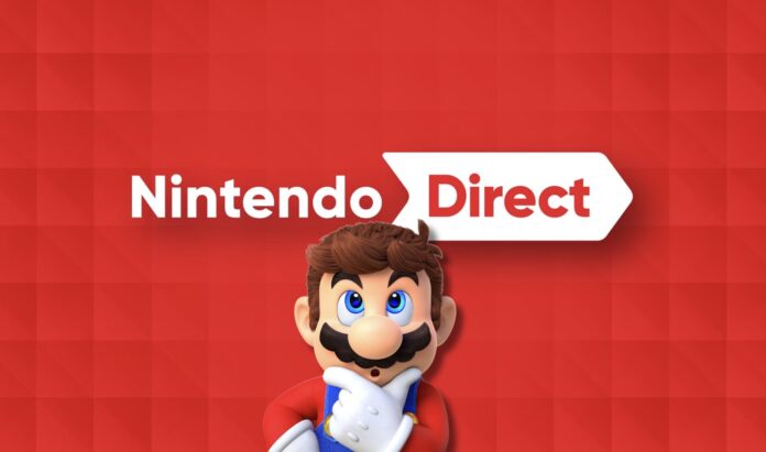 ภาพ Mario และโลโก้งาน Nintendo Direct ในฉากหลังสีแดง