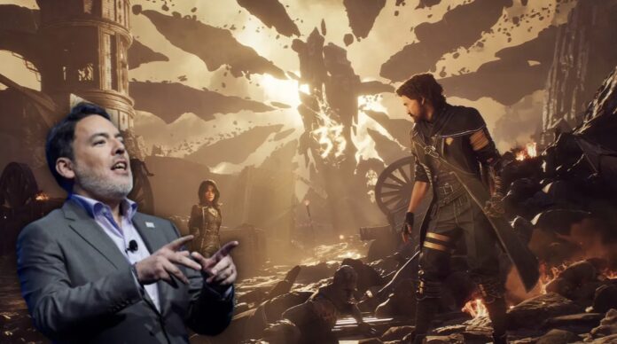 ภาพ Shawn Layden ในฉากหลังเป็นเกม Clair Obscur: Expedition 33