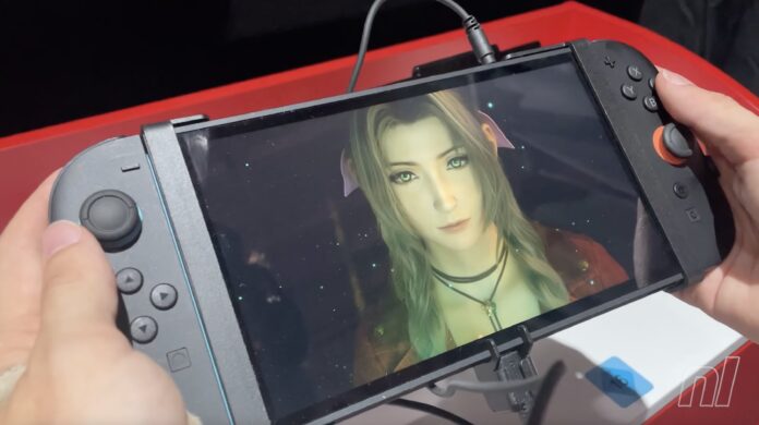 ภาพแสดงการเล่นเกม Final Fantasy VII Remake Intergrade บน Nintendo Switch 2 โดยมีตัวละคร Aerith Gainsborough ปรากฏบนหน้าจอ