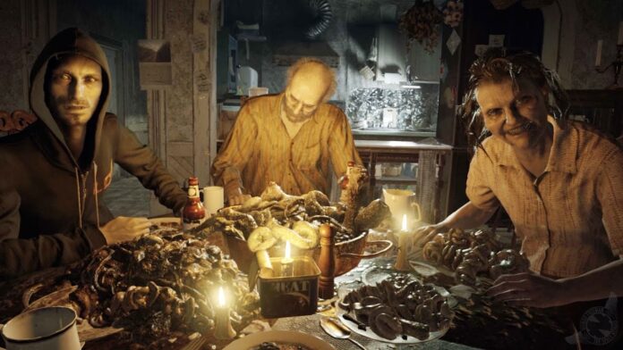 ภาพจากเกม Resident Evil 7 ครอบครัวกำลังกินข้าวกันพร้อมหน้าในแบบปนสยอง