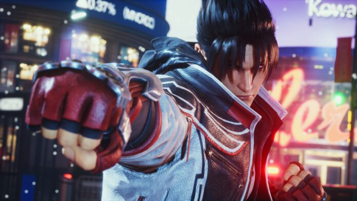 ตัวละคร Jin Kazama จากเกม Tekken 8 กำลังชกหมัดไปข้างหน้าในฉากเมืองยามค่ำคืน