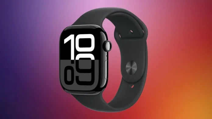 ภาพ Apple Watch Series 10 ดีไซน์หน้าปัดเต็มจอ แสดงตัวเลขเวลาแบบดิจิทัลขนาดใหญ่ สายซิลิโคนสีดำ พื้นหลังไล่เฉดสีม่วงส้ม