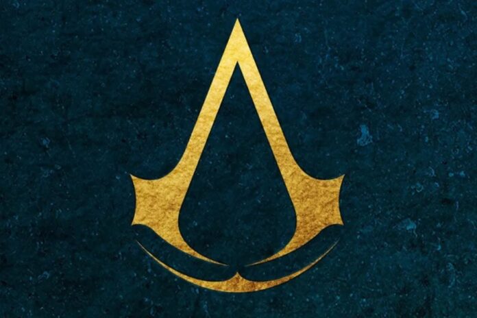 ภาพโลโก้เกม Assassin’s Creed ตัวหนังสือสีทองพื้นหลังสีเขียว