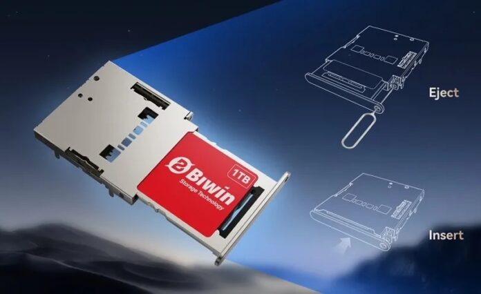 ภาพโปรโมต Mini SSD จากบริษัท Biwin ที่ใช้งานได้เหมือนถาดใส่ซิม