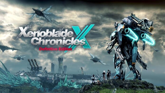 ภาพโปรโมตเกม Xenoblade Chronicles X: Definitive Edition แสดงหุ่นยนต์ยักษ์ Skell ยืนอยู่ด้านขวา ขณะที่กลุ่มตัวละครหลักยืนมองฉากหลังเมืองล้ำยุคและท้องฟ้าที่เต็มไปด้วยสิ่งมีชีวิตบินขนาดใหญ่