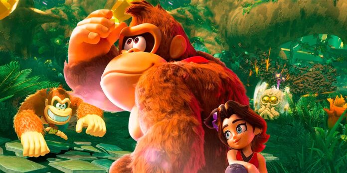 ภาพ DK และ Pauline ในเกม Donkey Kong Bananza นั่งพิงหลังกันและกัน