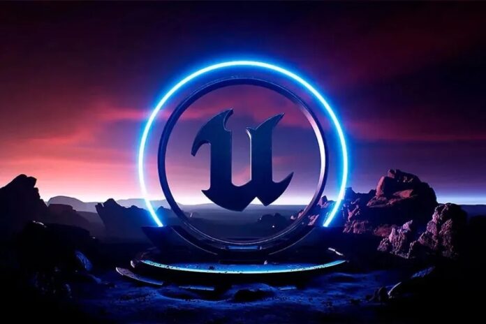 ภาพโลโก้ Unreal Engine ในฉากหลังภูเขาหิน