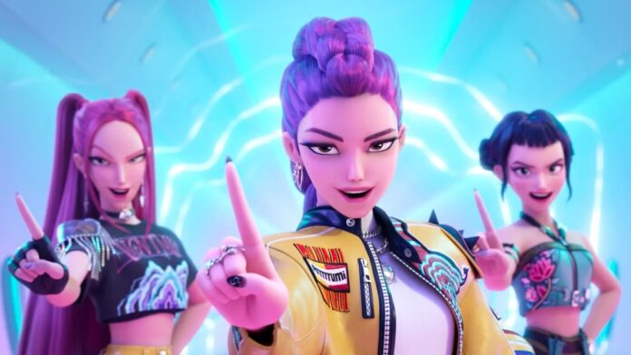 Mira, Rumi และ Zoey จาก KPop Demon Hunters ยืนชี้นิ้วพร้อมพื้นหลังนีออน
