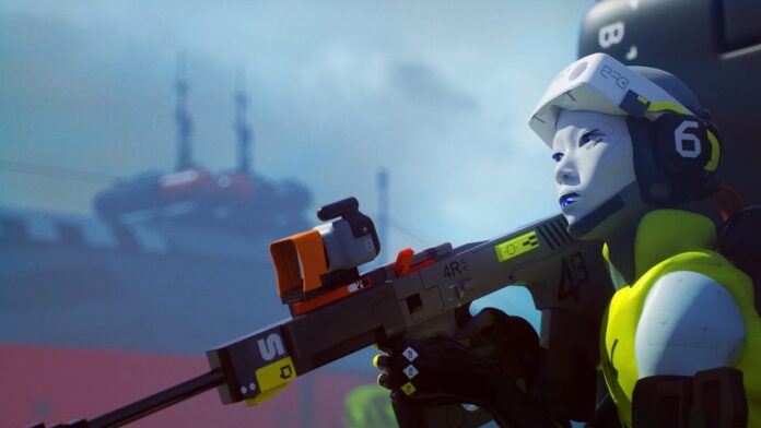 ภาพในเกม Marathon ตัวละครกำลังถือปืนในท่าเตรียมพร้อมยิง