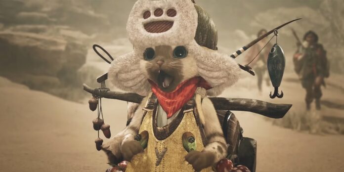 ตัวละคร Palico จากเกม Monster Hunter Wilds สวมหมวกขนสัตว์สีขาวลายอุ้งเท้า พร้อมผ้าพันคอสีแดง