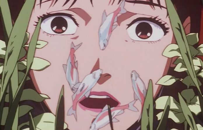 ภาพตัวละครเอกสาวจากอนิเมะ Perfect Blue กำลังทำหน้าตกใจอยู่หน้าตู้ปลา
