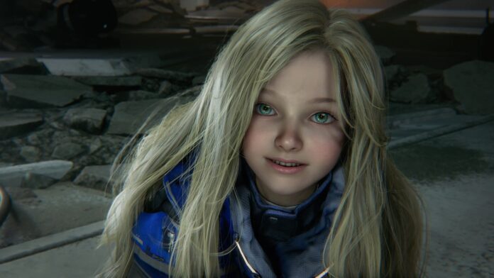 ภาพ Diana จากเกม Pragmata มองตรงมาด้านหน้าแล้วส่งยิ้ม