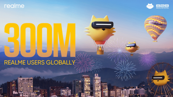 ภาพโปรโมต realme ฉลองผู้ใช้งานครบ 300 ล้านคนทั่วโลก โดยมีมาสคอต realme สวมแว่น VR ลอยอยู่ในบอลลูนกลางท้องฟ้ายามเย็น พร้อมพลุและฉากเมืองด้านล่าง