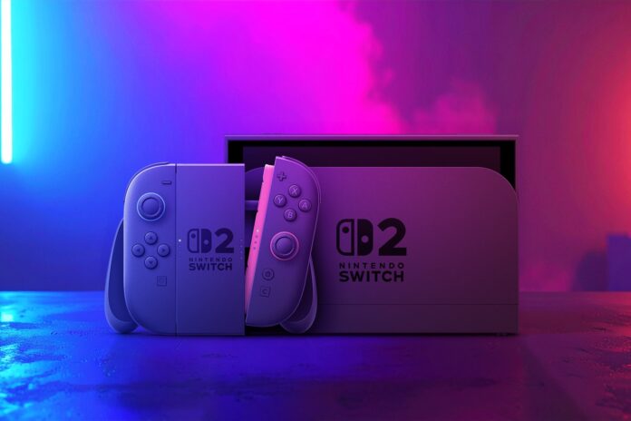 ภาพเครื่องเกม Nintendo Switch 2 พร้อมจอยคอนสองข้าง วางอยู่ในแท่นชาร์จ ท่ามกลางแสงไฟสีม่วงและน้ำเงิน