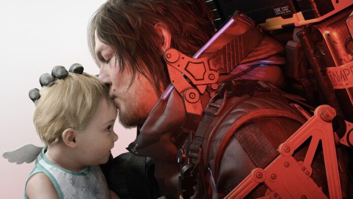 ภาพ Sam Porter Bridges จาก Death Stranding กำลังจูบหน้าผากเด็กน้อย