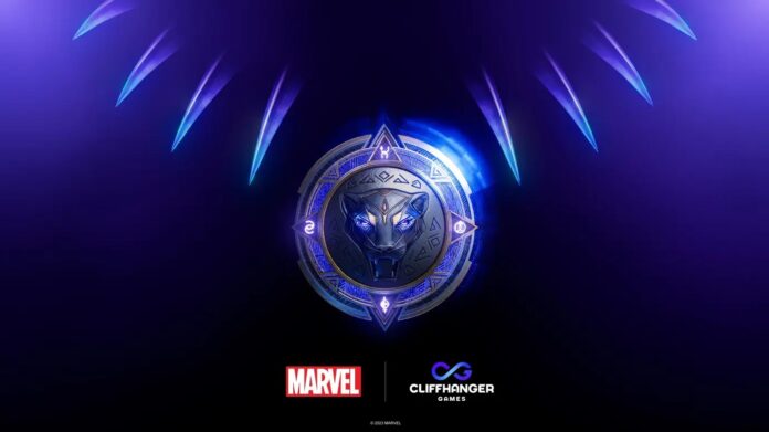 โลโก้ทีเซอร์เกม Black Panther จาก Marvel และ Cliffhanger Games แสดงสัญลักษณ์หัวเสือดำอยู่กลางวงเวทมนตร์สีฟ้าเรืองแสง