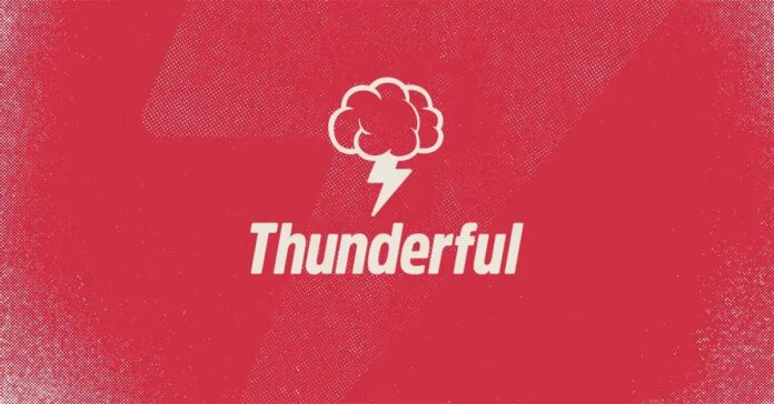 ภาพโลโก้ของบริษัท Thunderful ตัวหนังสือสีขาวพื้นหลังสีแดง
