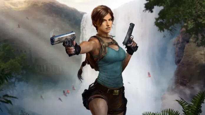 ภาพ ลาร่า ครอฟต์ (Lara Croft) จากซีรีส์ Tomb Raider ในลุคคลาสสิก สวมเสื้อกล้ามสีฟ้า กางเกงขาสั้นสีน้ำตาล ถือปืนพกสองกระบอก ยืนในท่วงท่าพร้อมต่อสู้