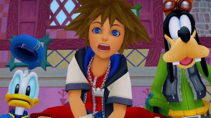ตัวละครโดนัลด์ดั๊ก, โซระ และกู๊ฟฟี่ จากเกม Kingdom Hearts แสดงสีหน้าตกใจ