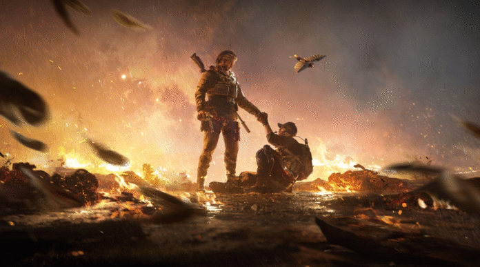 ภาพจาก Garena® Delta Force ทหารในสนามรบยื่นมือช่วยเพื่อนร่วมรบ ท่ามกลางฉากหลังที่เต็มไปด้วยไฟและควัน