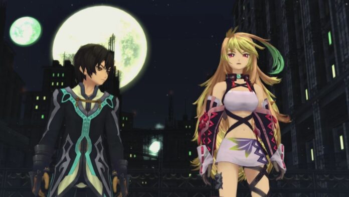 ตัวละคร Jude Mathis และ Milla Maxwell จากเกม Tales of Xillia ยืนอยู่ท่ามกลางเมืองในยามค่ำคืน