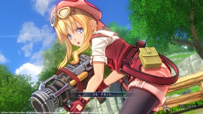 ภาพตัวละครสาวผมบลอนด์สวมหมวกนักบินและแว่นตา จากเกม The Legend of Heroes: Trails (ซีรีส์ Kiseki) กำลังถือปืนใหญ่สโมกแคนนอน